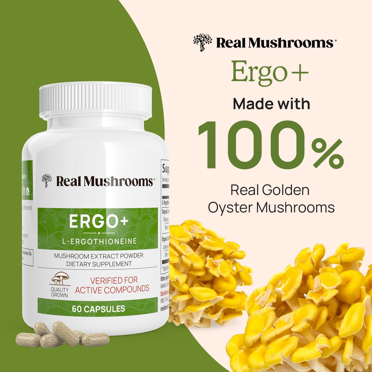 Real Mushrooms Ergothioneine Supplement – Golden Oyster Mushroom Extract, 60 Capsules – Organic, Vegan, Non-GMO