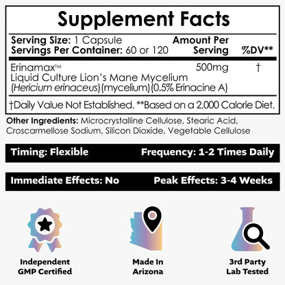 Nootropics Depot Erinamax Lion's Mane 500mg Capsules | Liquid Culture Mycelium | 2.5 mg Erinacine A | Mood, Cognition, & Nerve Support | 120 Count