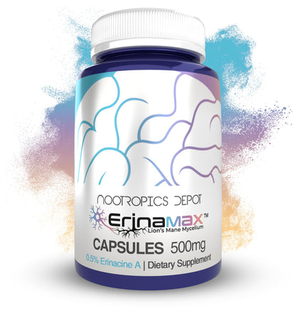 Nootropics Depot Erinamax Lion's Mane 500mg Capsules | Liquid Culture Mycelium | 2.5 mg Erinacine A | Mood, Cognition, & Nerve Support | 120 Count