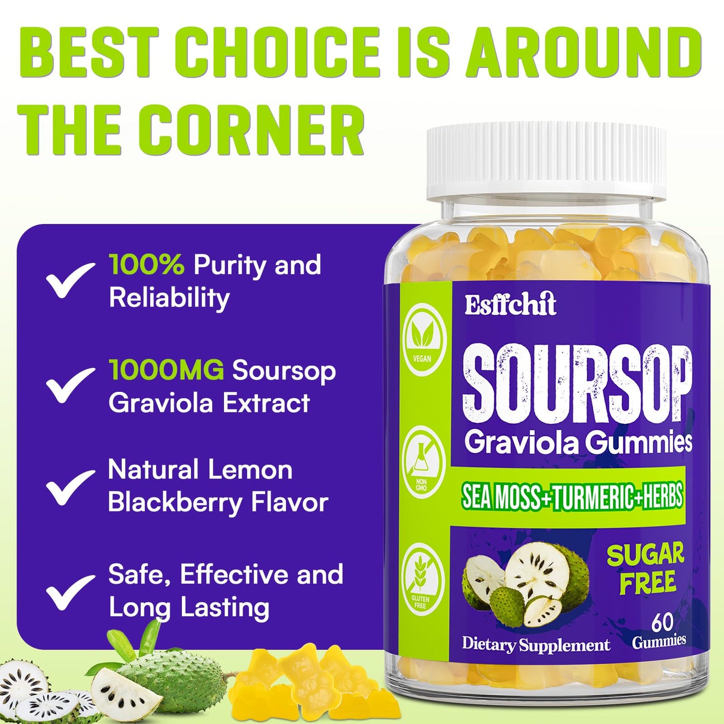 Esffchit Soursop Graviola Gummies with Sea Moss & Turmeric – 60 Count, Vegan