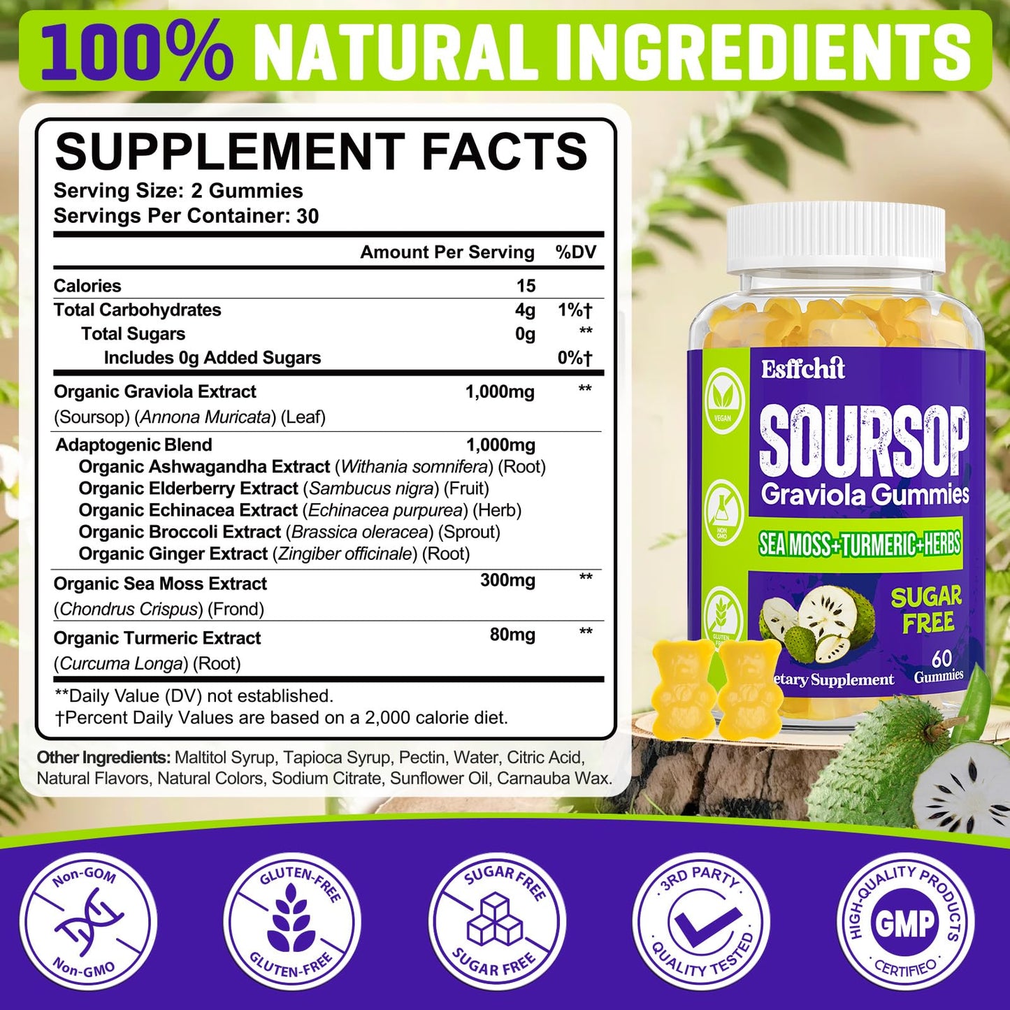 Esffchit Soursop Graviola Gummies with Sea Moss & Turmeric – 60 Count, Vegan