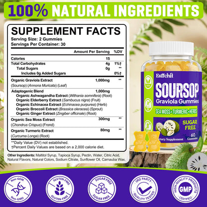 Esffchit Soursop Graviola Gummies with Sea Moss & Turmeric – 60 Count, Vegan