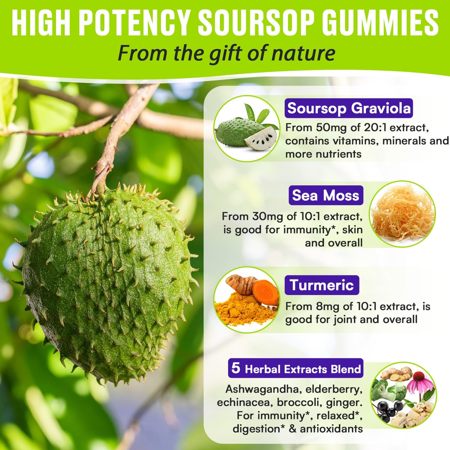Esffchit Soursop Graviola Gummies with Sea Moss & Turmeric – 60 Count, Vegan