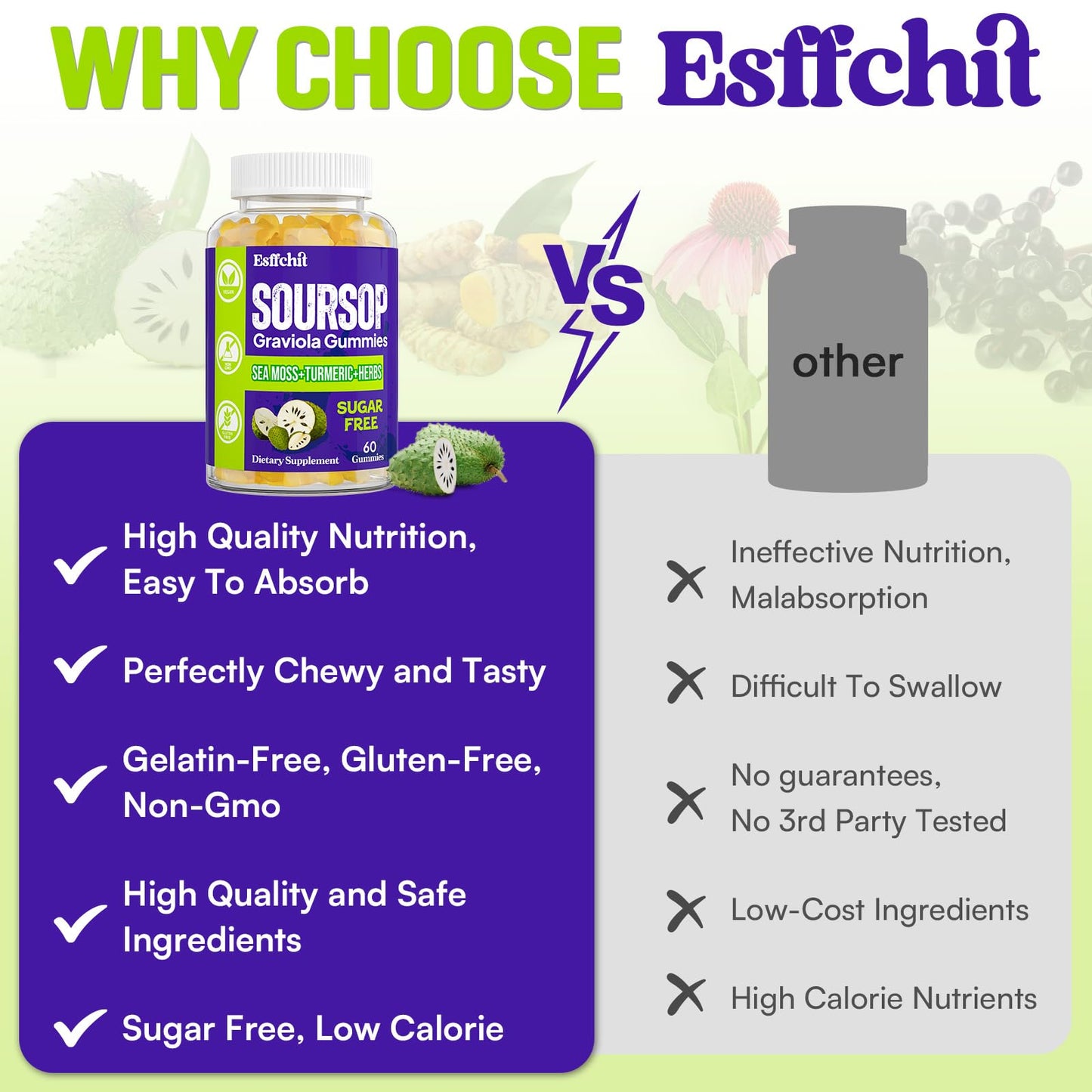 Esffchit Soursop Graviola Gummies with Sea Moss & Turmeric – 60 Count, Vegan