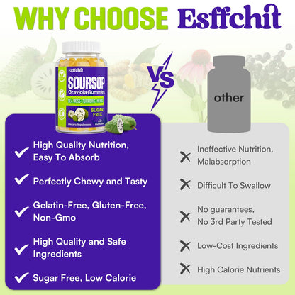 Esffchit Soursop Graviola Gummies with Sea Moss & Turmeric – 60 Count, Vegan