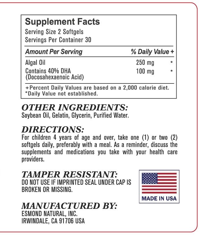 Esmond Natural DHA Algal Oil 500mg – 60 Softgels | Made in USA, GMP