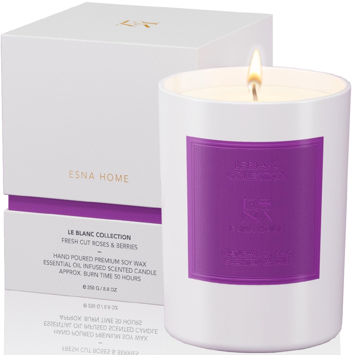 ESNA HOME Aromatherapy Lavender Candle with Roses & Berries | Natural Soy Wax, 50-Hour Burn Time