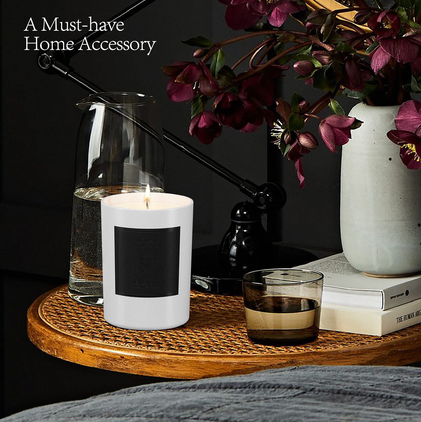 ESNA HOME Lavender Scented Aromatherapy Candle – All-Natural Soy Wax, Leather & Tobac, 8.8oz, 50h Burn