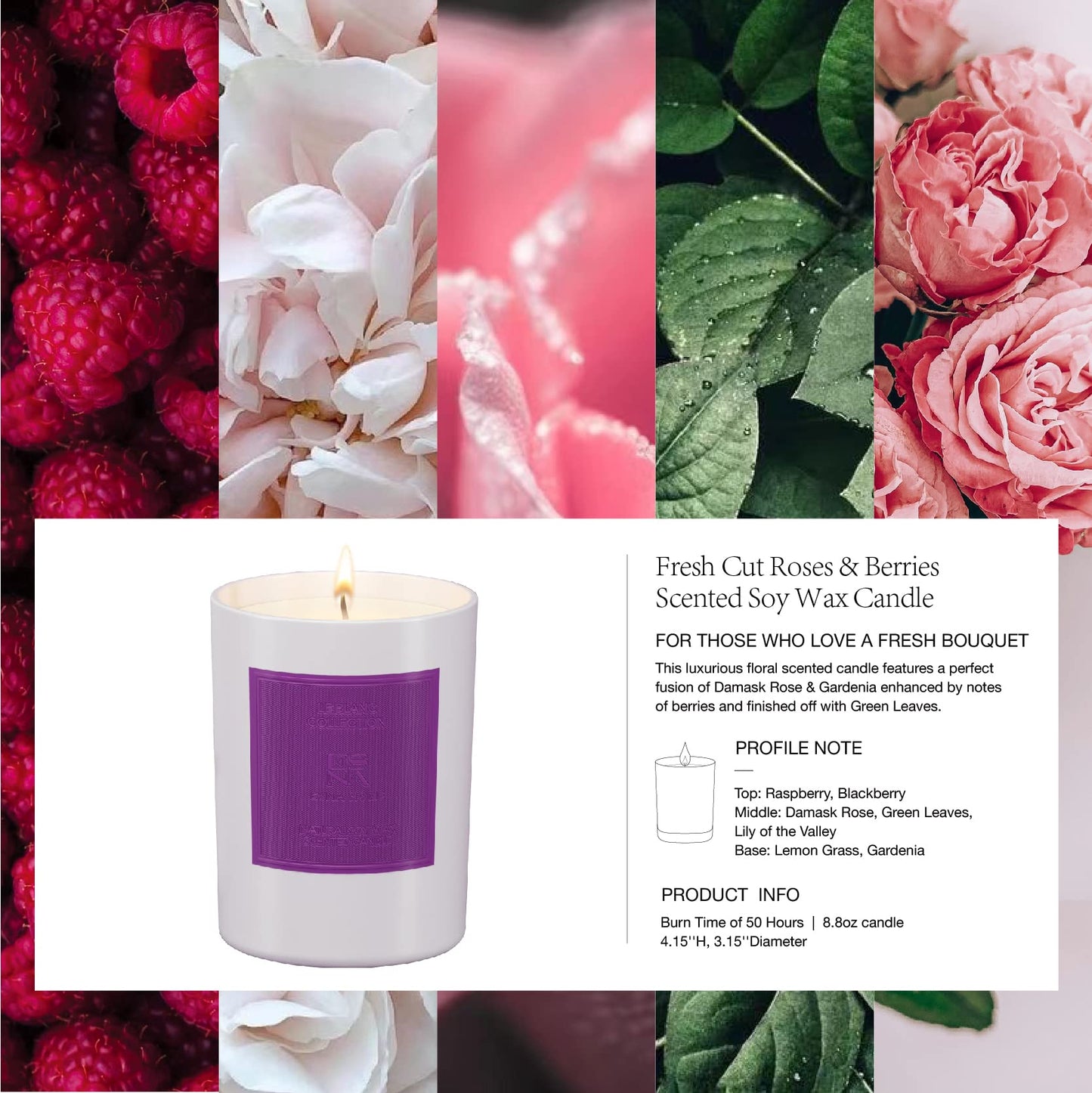 ESNA HOME Aromatherapy Lavender Candle with Roses & Berries | Natural Soy Wax, 50-Hour Burn Time