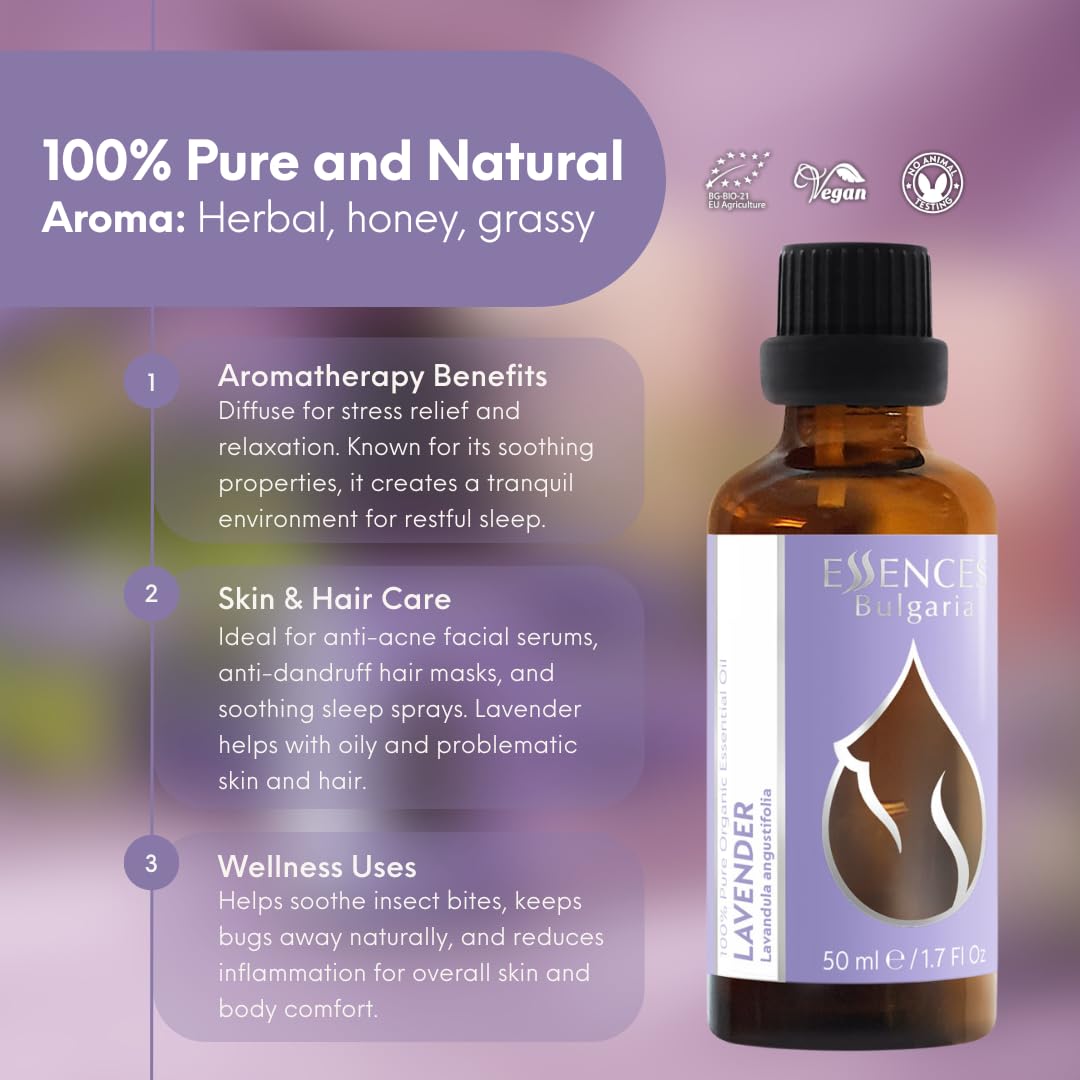 Essences Bulgaria Organic Lavender Essential Oil 50ml | 100% Pure & Undiluted