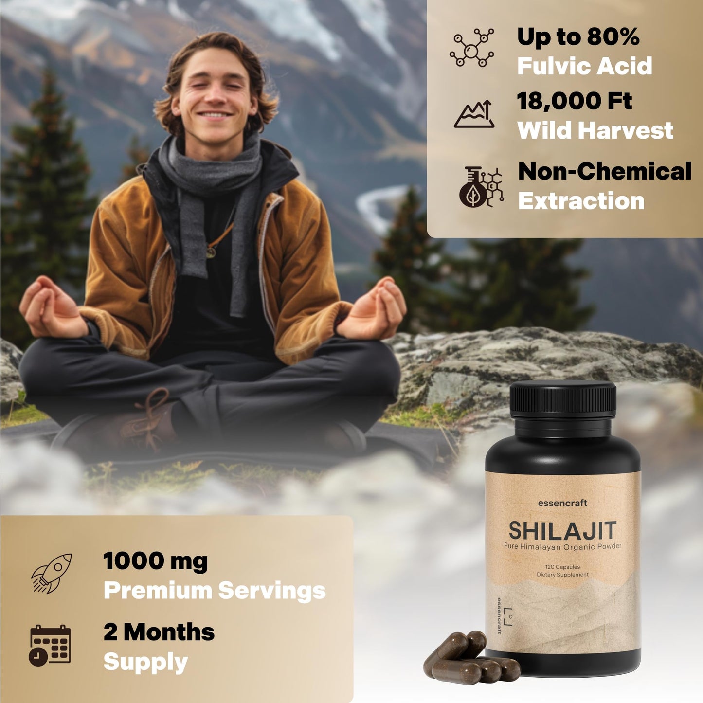 Essencraft Organic Himalayan Shilajit Resin Extract – 1000mg Max Potency, 85+ Minerals, Lab Tested, 2-Month Supply (120 Capsules)