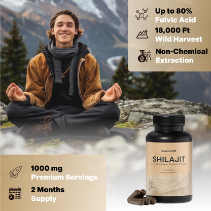 Essencraft Organic Himalayan Shilajit Resin Extract – 1000mg Max Potency, 85+ Minerals, Lab Tested, 2-Month Supply (120 Capsules)