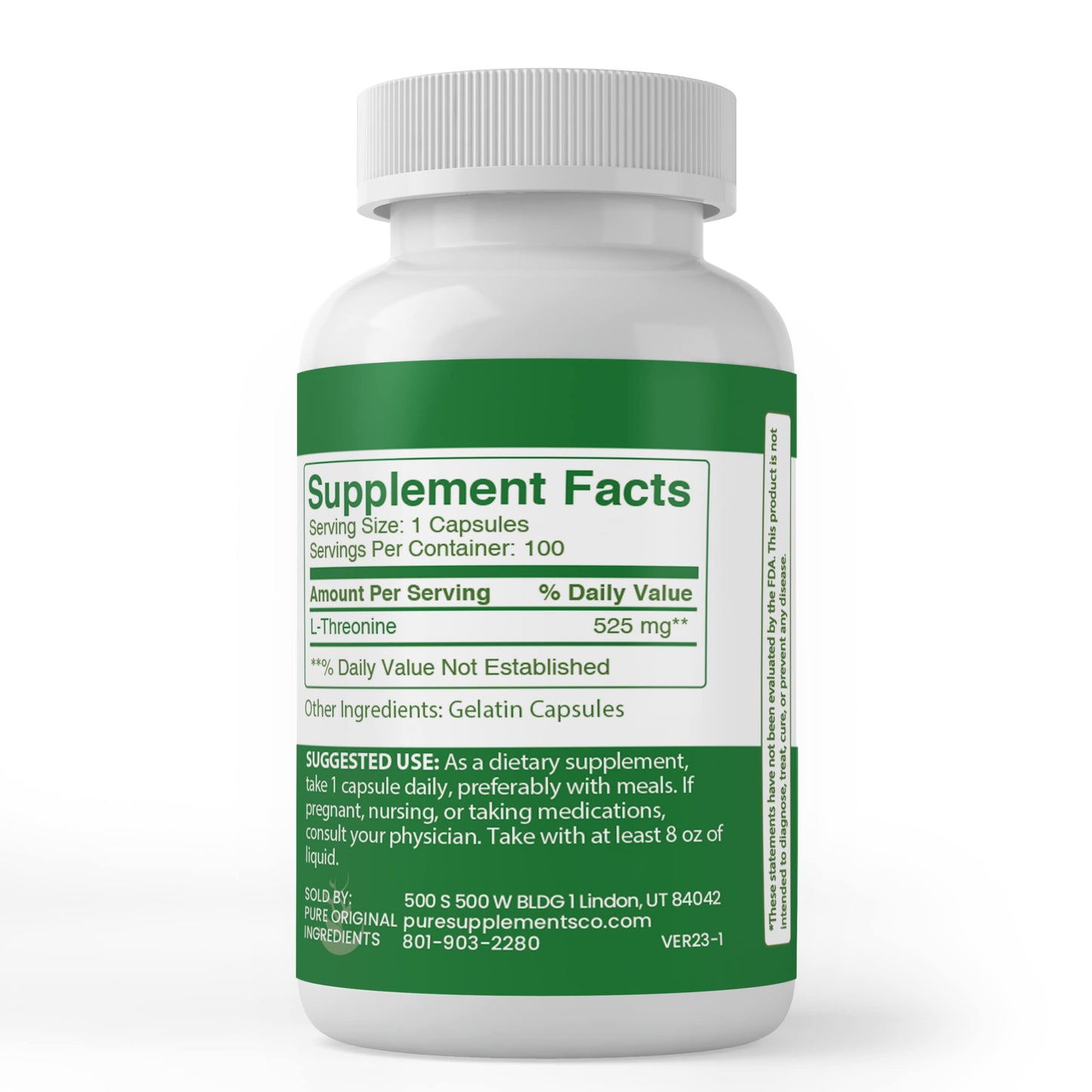 PURE ORIGINAL INGREDIENTS L-Threonine Capsules (100 Capsules) – Always Pure, No Additives, Lab Verified