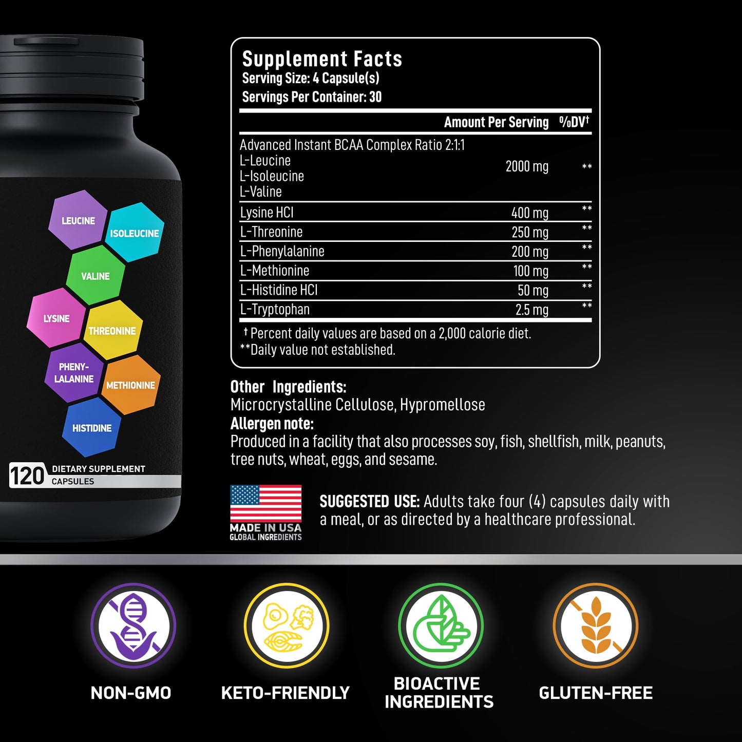 Essential Amino Acids Complex for Men & Women | Vegan BCAA 9 EAAs | 240 Pills