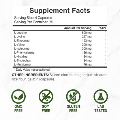 Essential Amino Acids (EAA) 2000mg – 300 Capsules | Unflavored, 9-in-1 BCAAs