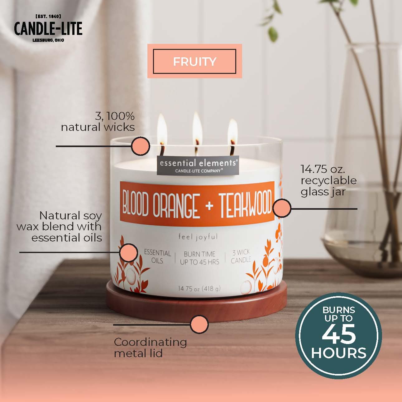 Essential Elements Blood Orange & Teakwood 3-Wick Candle – 14.75 oz, 45h Burn