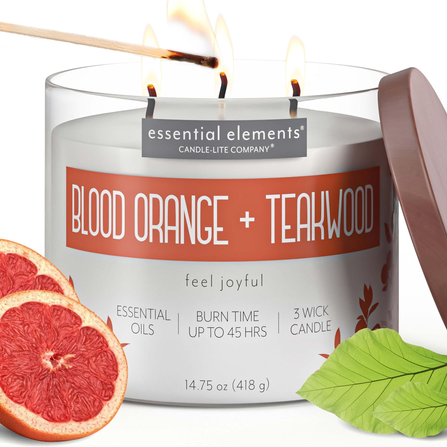 Essential Elements Blood Orange & Teakwood 3-Wick Candle – 14.75 oz, 45h Burn