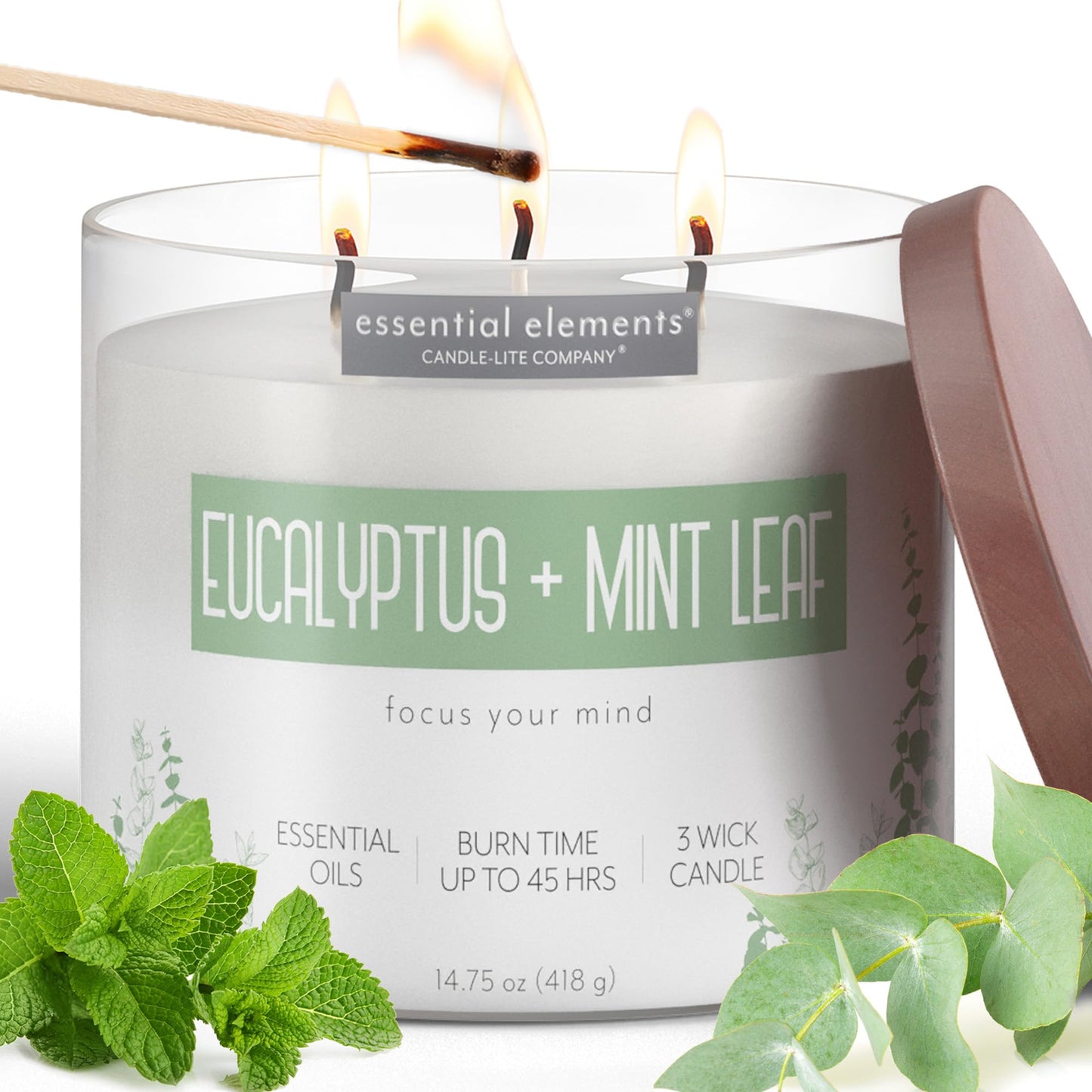 Essential Elements by Candle-lite – Eucalyptus & Mint Leaf Scented Candle, 14.75 oz, 3-Wick, 45 Hr Burn Time, Off-White