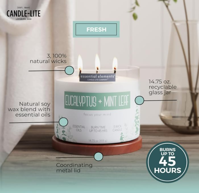 Essential Elements by Candle-lite – Eucalyptus & Mint Leaf Scented Candle, 14.75 oz, 3-Wick, 45 Hr Burn Time, Off-White