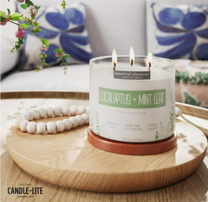 Essential Elements by Candle-lite – Eucalyptus & Mint Leaf Scented Candle, 14.75 oz, 3-Wick, 45 Hr Burn Time, Off-White