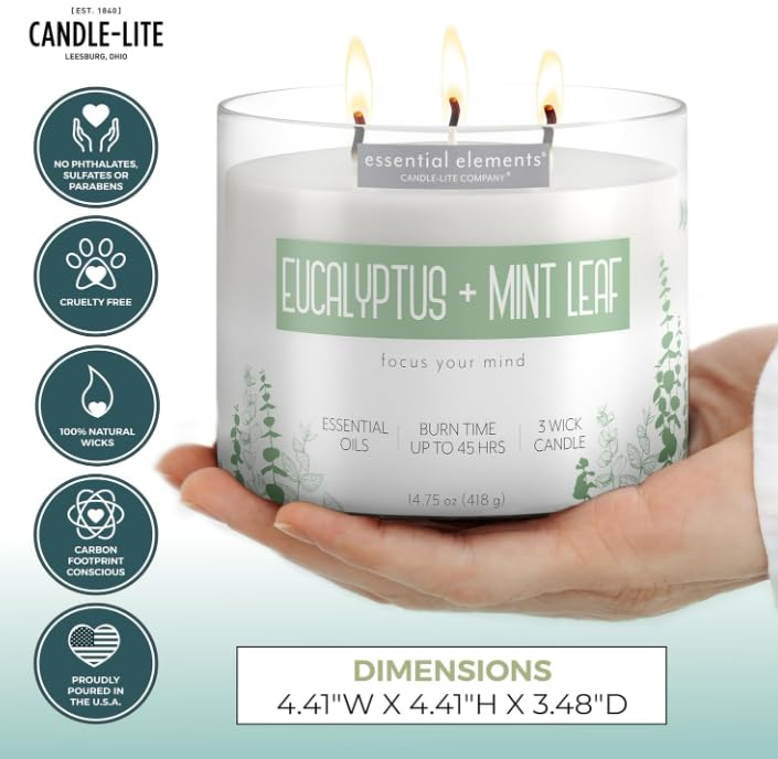 Essential Elements by Candle-lite – Eucalyptus & Mint Leaf Scented Candle, 14.75 oz, 3-Wick, 45 Hr Burn Time, Off-White