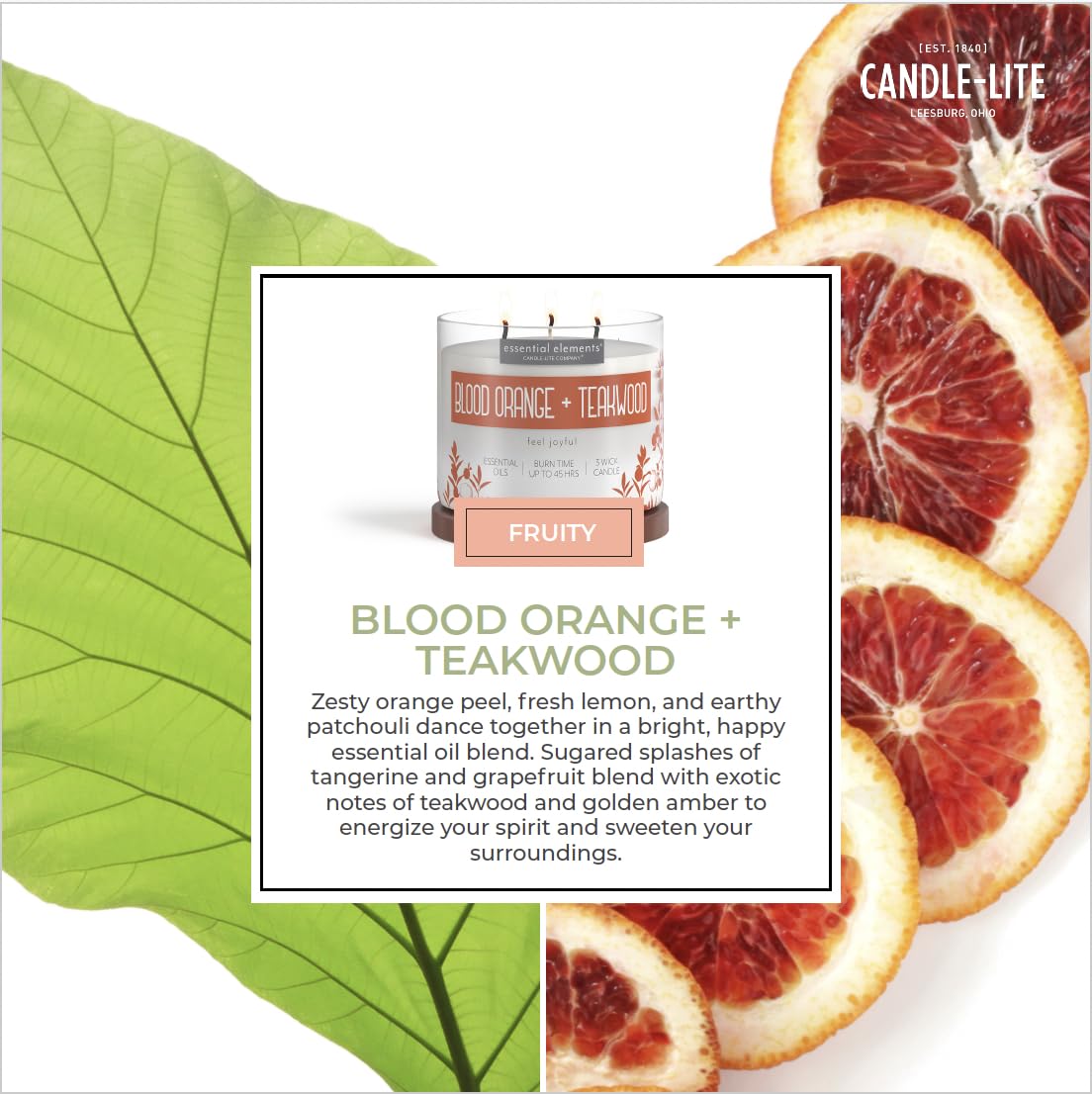 Essential Elements Blood Orange & Teakwood 3-Wick Candle – 14.75 oz, 45h Burn
