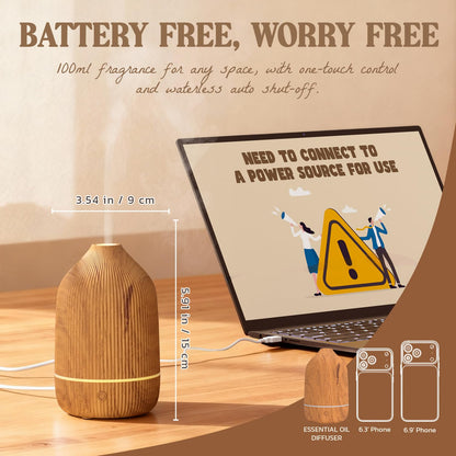 Essential Oil Diffuser 100ml – Mini Ultrasonic Aromatherapy with Auto Shut-Off & 7 LED Lights (Wood Grain)