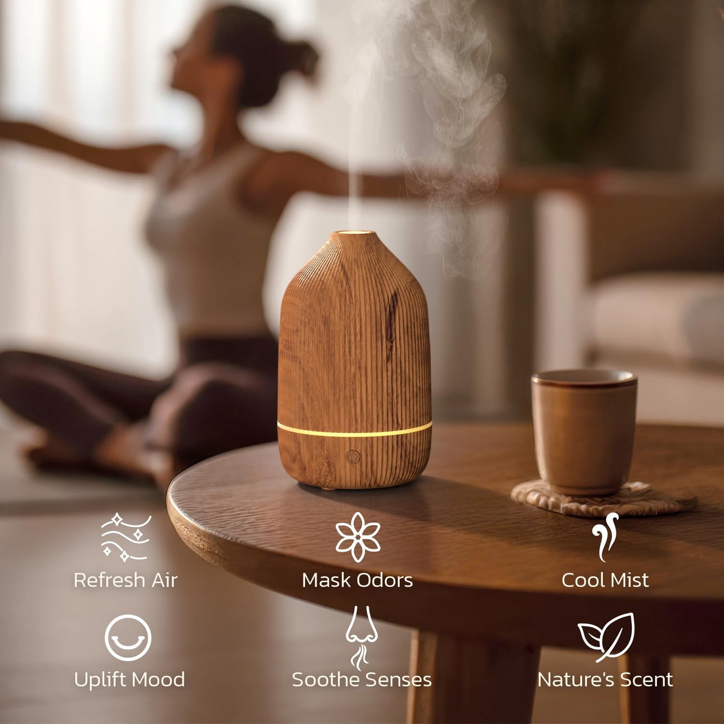 Essential Oil Diffuser 100ml – Mini Ultrasonic Aromatherapy with Auto Shut-Off & 7 LED Lights (Wood Grain)