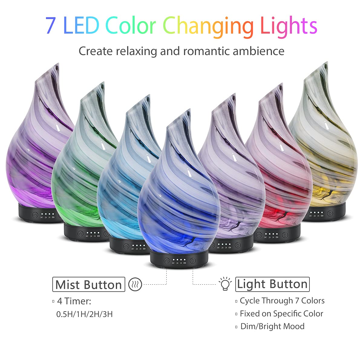 Essential Oil Diffuser 120ml Ultrasonic | Glass BPA-Free, Auto-Off, 4 Timers, 7 LED Colors