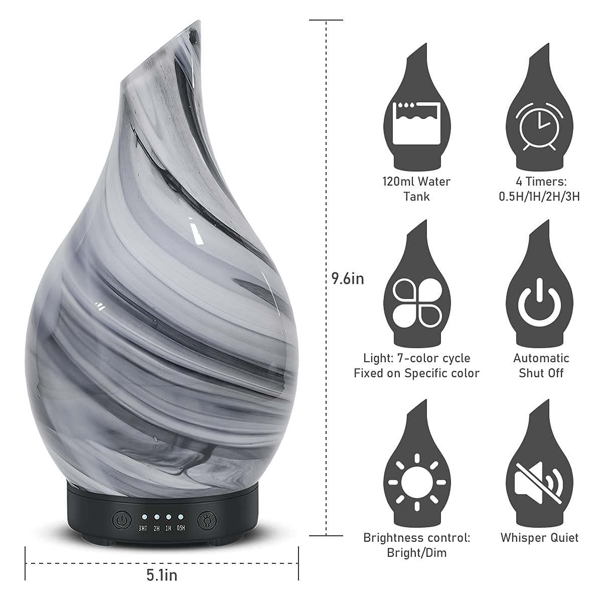 Essential Oil Diffuser 120ml Ultrasonic | Glass BPA-Free, Auto-Off, 4 Timers, 7 LED Colors