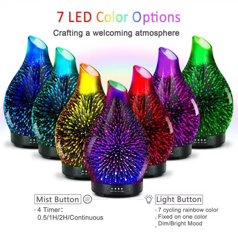 Essential Oil Diffuser 120ML | 3D Firework Glass, 7 LED Colors, 4 Timers