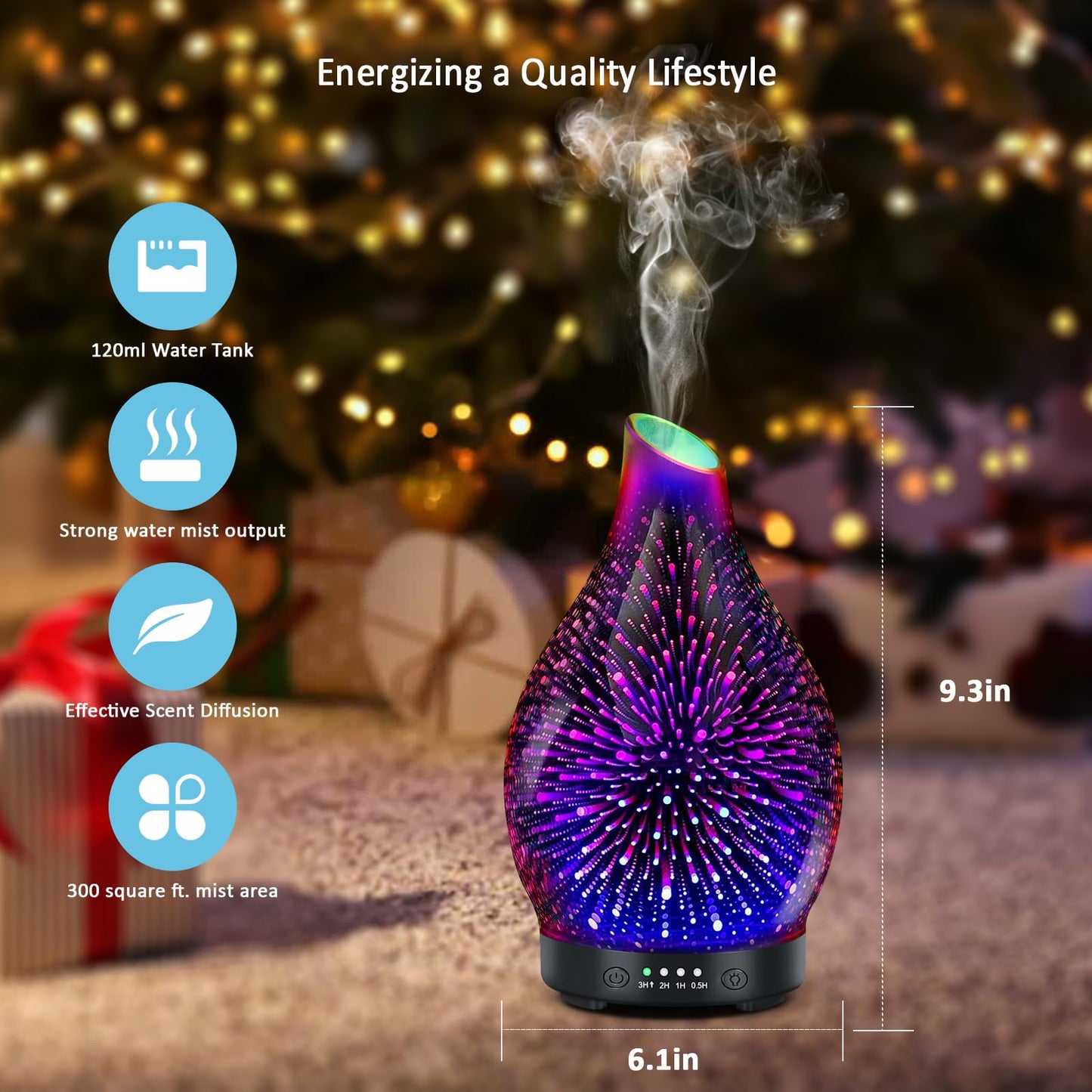 Essential Oil Diffuser 120ML | 3D Firework Glass, 7 LED Colors, 4 Timers