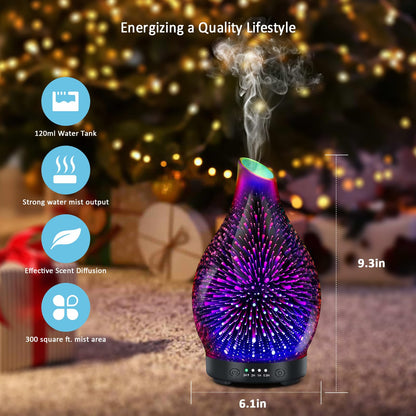 Essential Oil Diffuser 120ML | 3D Firework Glass, 7 LED Colors, 4 Timers