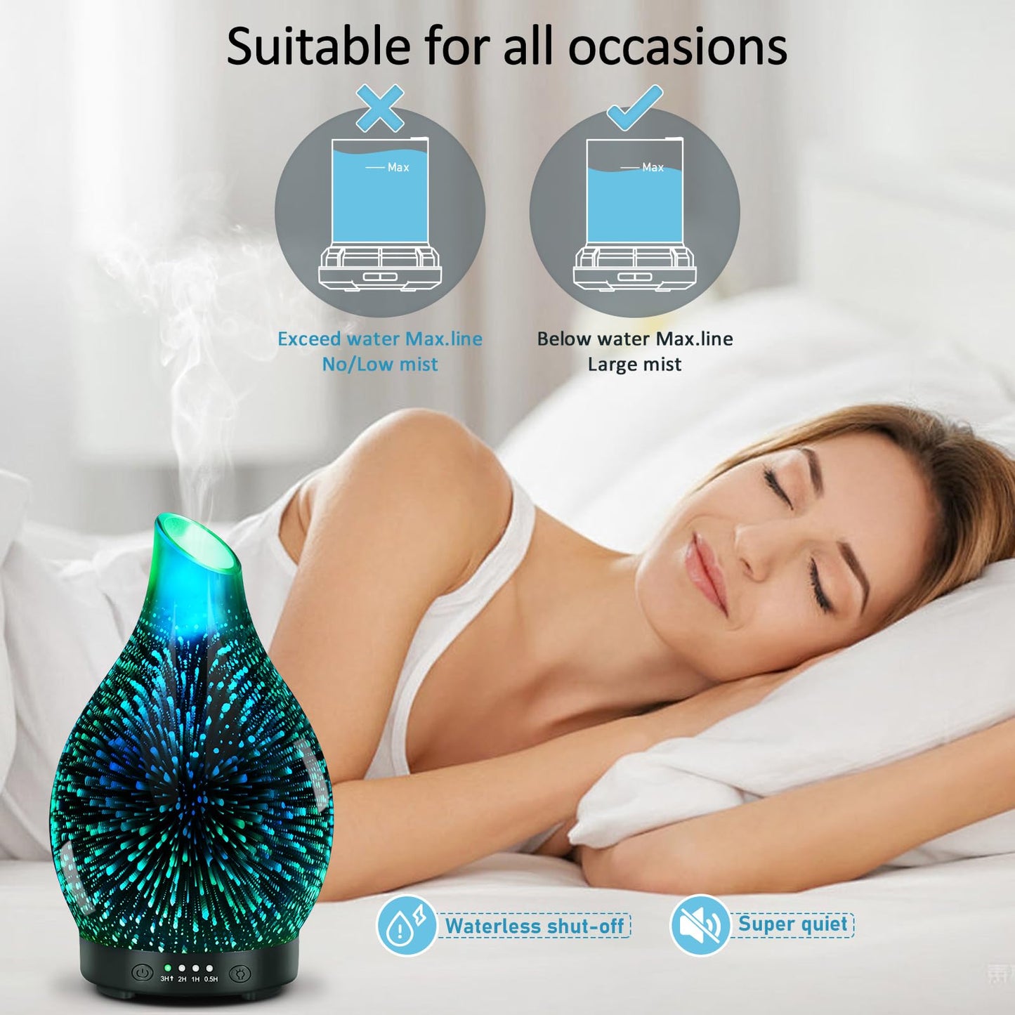 Essential Oil Diffuser 120ML | 3D Firework Glass, 7 LED Colors, 4 Timers