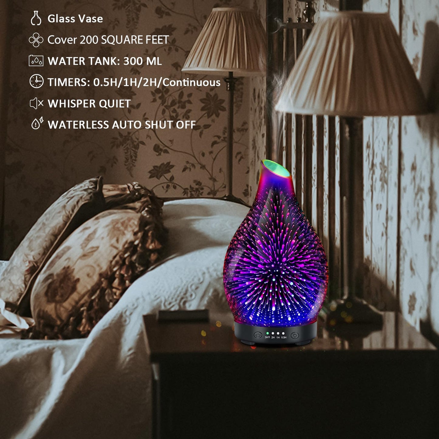 Essential Oil Diffuser 120ML | 3D Firework Glass, 7 LED Colors, 4 Timers