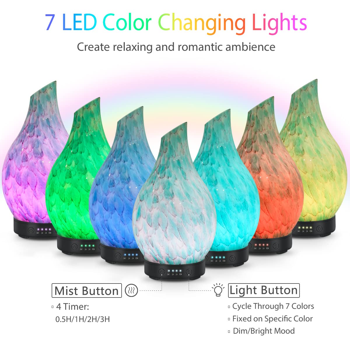 Essential Oil Diffuser 120ml Ultrasonic – Handmade Glass, BPA Free, Auto Shut-Off, 4 Timers, 7-Color LED