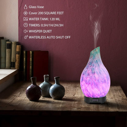 Essential Oil Diffuser 120ml Ultrasonic – Handmade Glass, BPA Free, Auto Shut-Off, 4 Timers, 7-Color LED