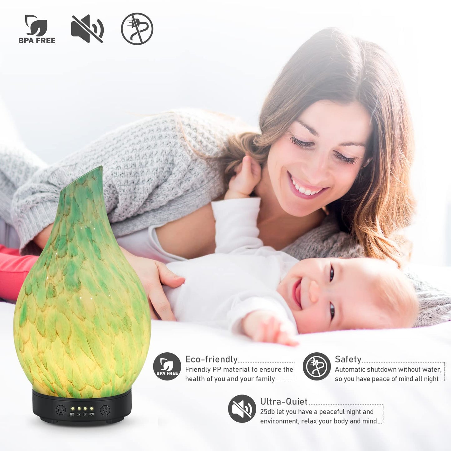 Essential Oil Diffuser 120ml Ultrasonic – Handmade Glass, BPA Free, Auto Shut-Off, 4 Timers, 7-Color LED