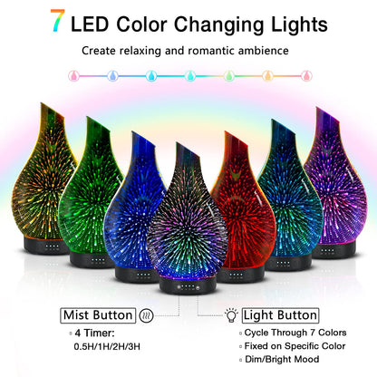 Essential Oil Diffuser 120 ml Glass Ultrasonic | Auto Shut-Off, 4 Timers, 7-Color Night Light - Silver