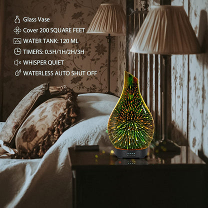 Essential Oil Diffuser 120 ml Glass Ultrasonic | Auto Shut-Off, 4 Timers, 7-Color Night Light - Silver