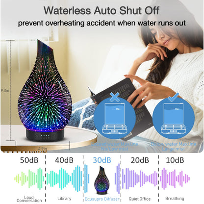 Essential Oil Diffuser 120 ml Glass Ultrasonic | Auto Shut-Off, 4 Timers, 7-Color Night Light - Silver
