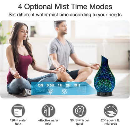Essential Oil Diffuser 120 ml Glass Ultrasonic | Auto Shut-Off, 4 Timers, 7-Color Night Light - Silver