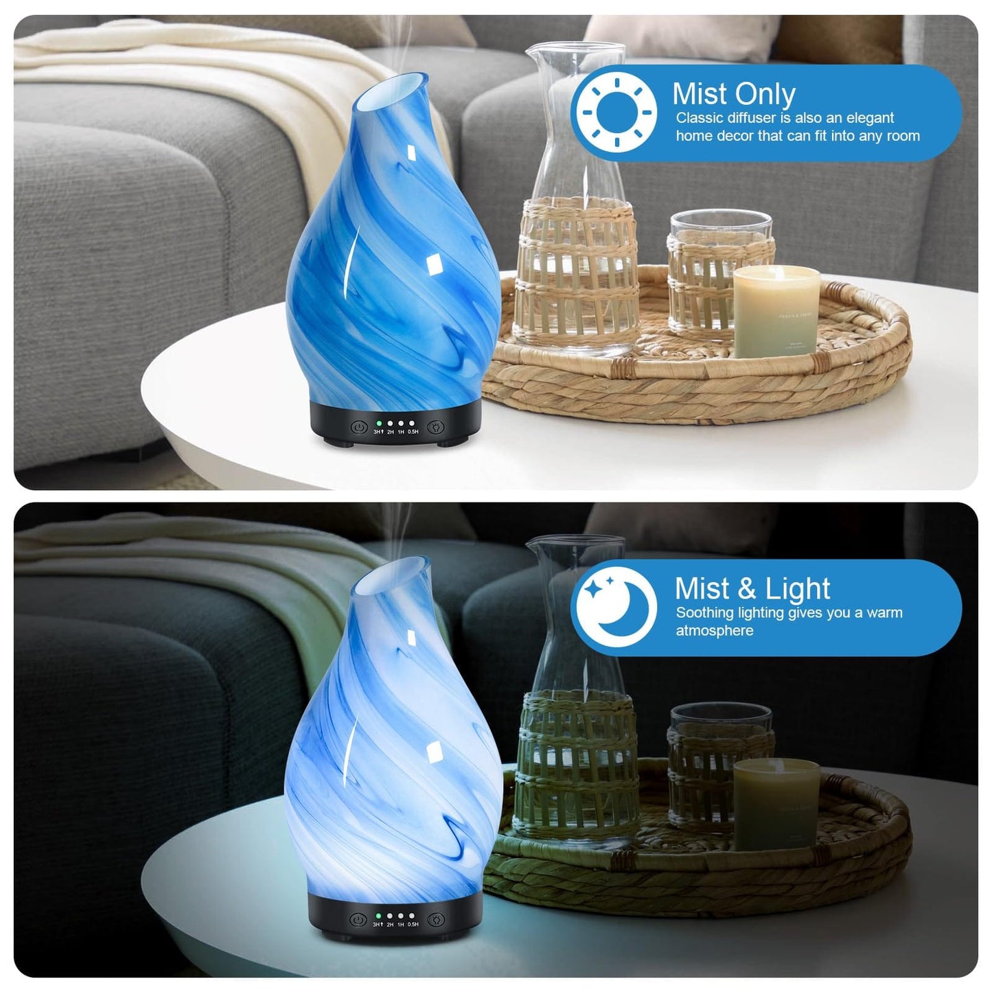 Essential Oil Diffuser for Home – Glass Aromatherapy Diffuser, 4 Timers, 120ML