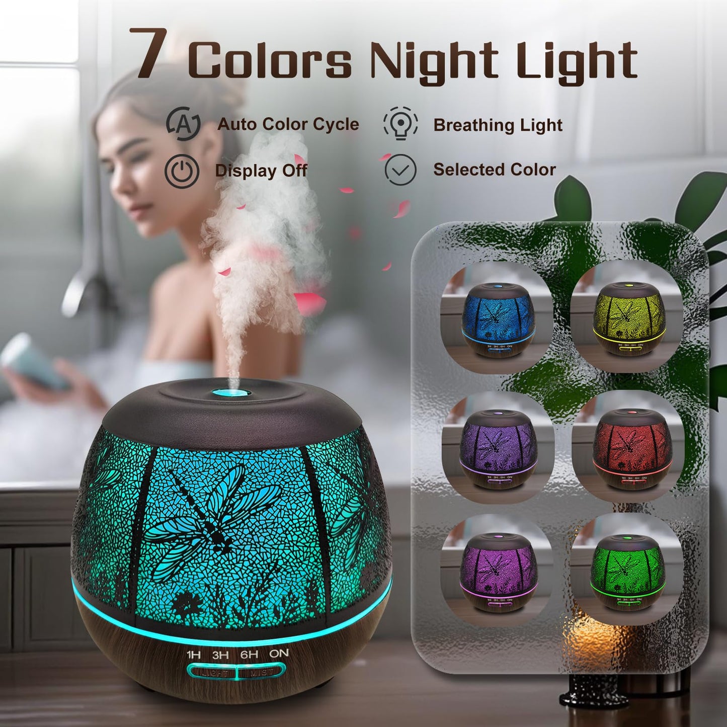 Essential Oil Diffuser 400ml for Bedroom - Remote, Auto Off, 7 Color Lights