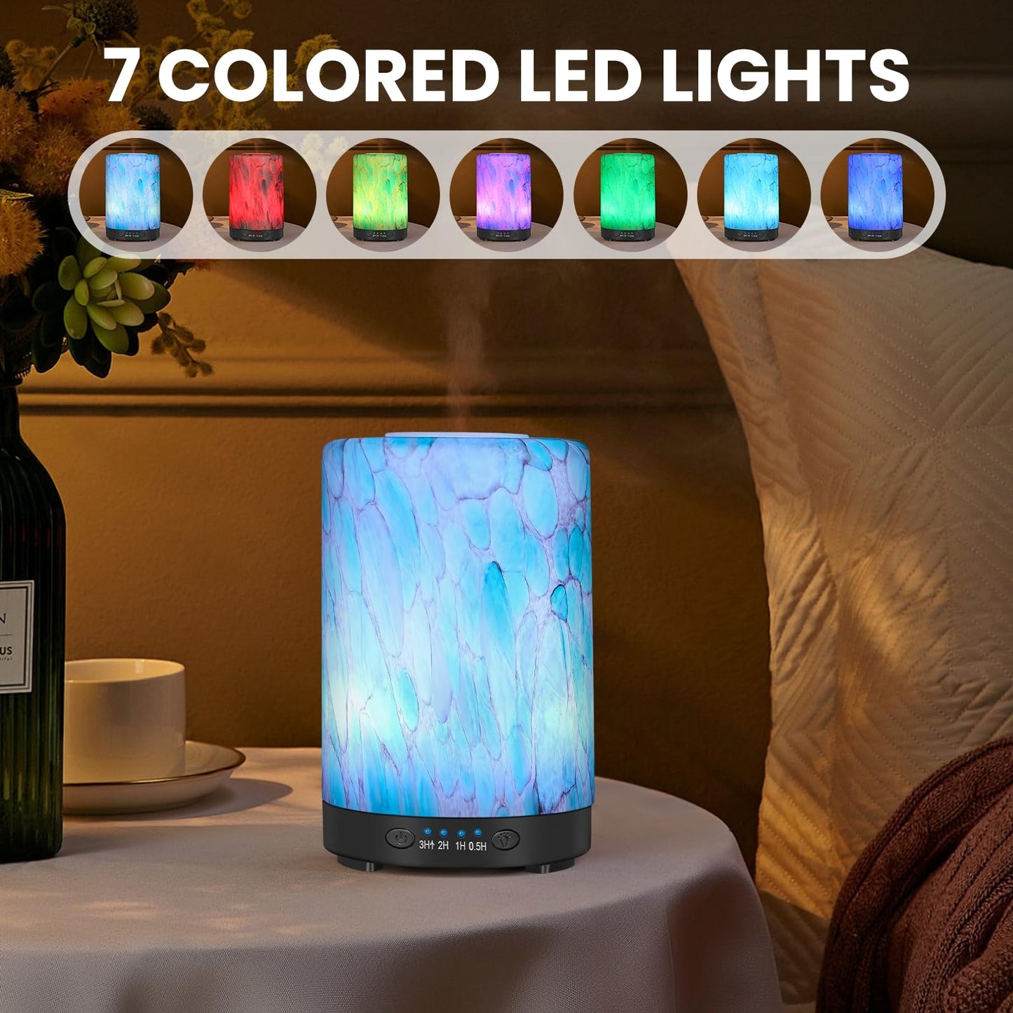 Essential Oil Diffuser 120 ml Glass Aromatherapy with 7 Color Lights & Auto Shut-Off