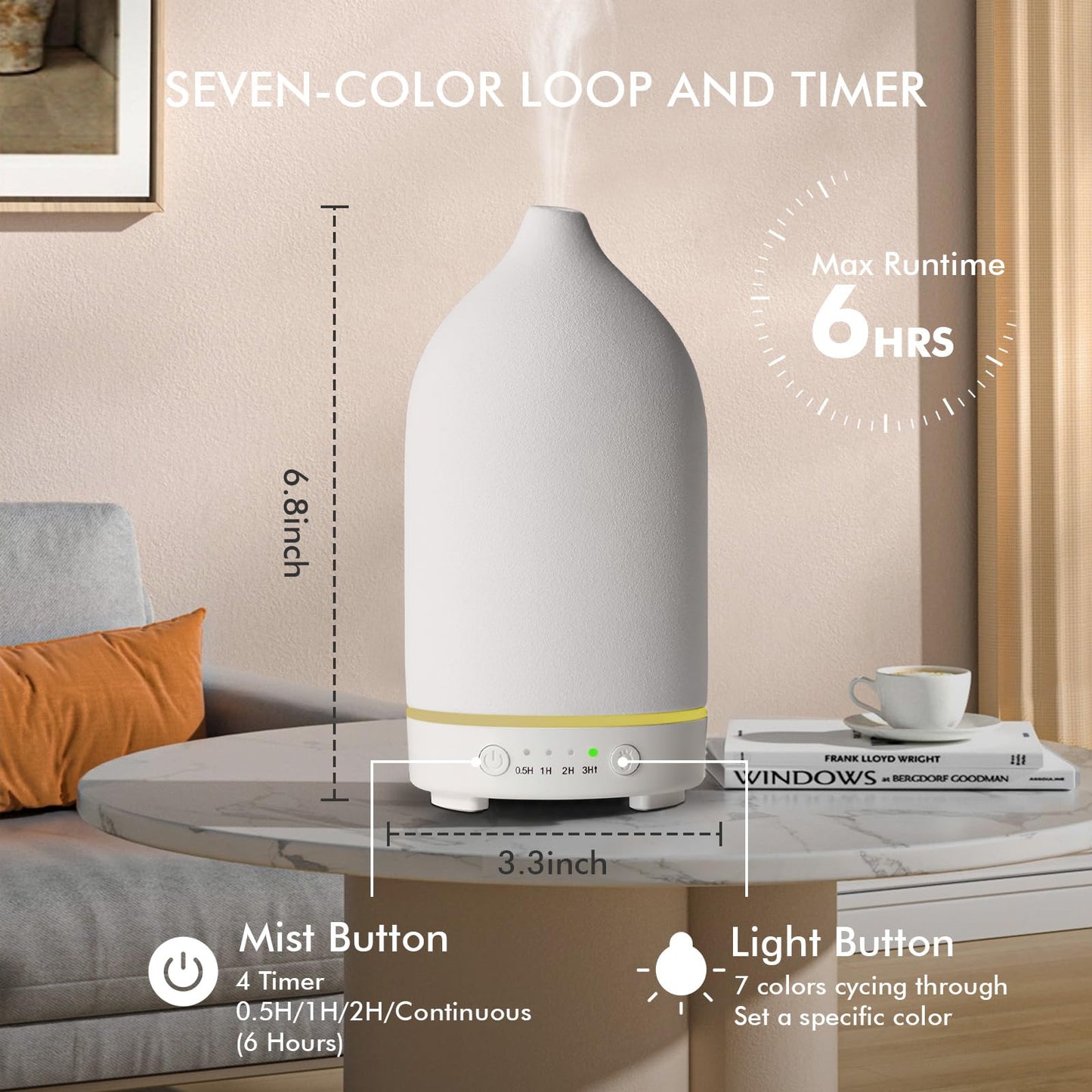 Essential Oil Diffuser Ceramic 150ml | 7-Color LED, Timer, Auto Shut-Off