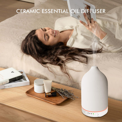 Essential Oil Diffuser Ceramic 150ml | 7-Color LED, Timer, Auto Shut-Off