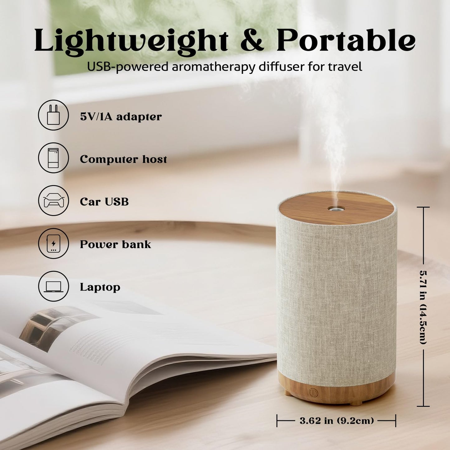 Fabric Cover Essential Oil Diffuser 120ml – SNOWSEN, 8 LED Lights, Auto Off