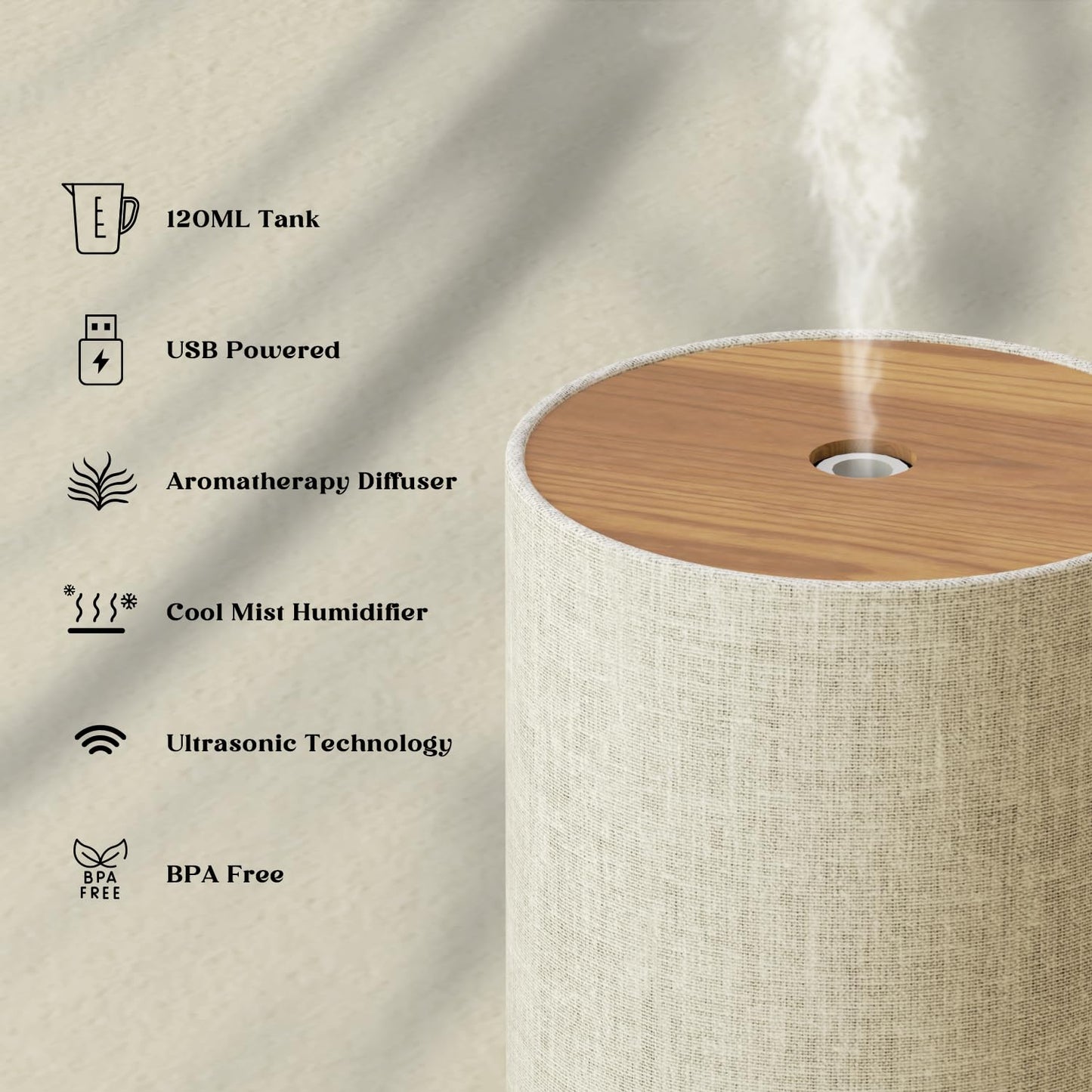 Fabric Cover Essential Oil Diffuser 120ml – SNOWSEN, 8 LED Lights, Auto Off