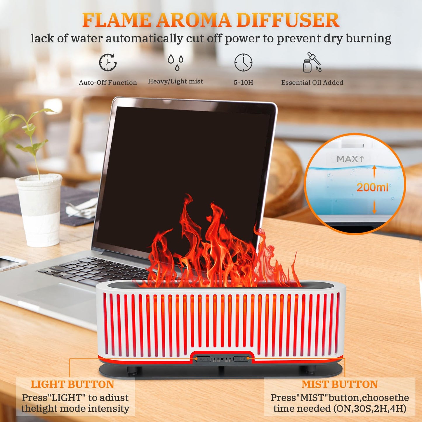 Essential Oil Diffuser Flame Air 200ml, 2 Mist Modes, 4 Timers, Auto-Off (White)